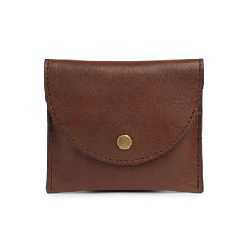 Brown leather wallet with a gold button on a white background.