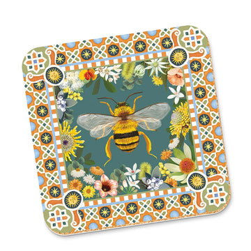 A square cork coaster illustrated with a bee in the middle with a border of flowers.
