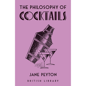 'The Philosophy of Cocktails' book cover featuring a line drawing of a mixer and two cocktail glasses on a purple background.
