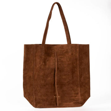Brown suede tote bag on a white background.