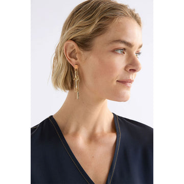 Gold chain earrings on a white background.