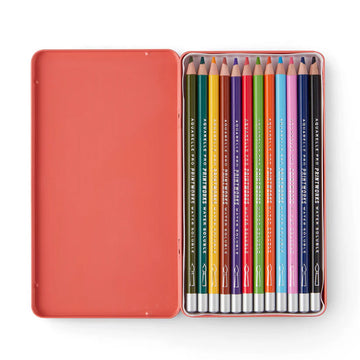 A pink and blue tin with the heading 'Aquarelle Pencils' with product information in white.