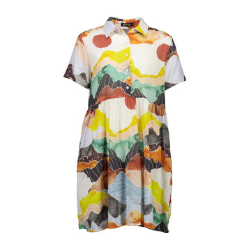 Front view of a dress with a button up front in a colourful print.