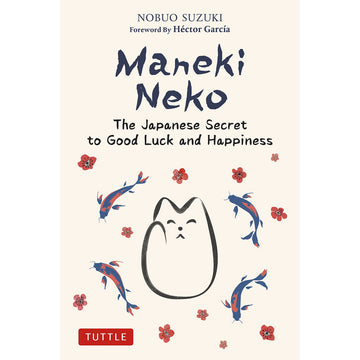 'Maneki Neko' book cover featuring a black line drawing of a cat surrounded by four blue koi fish and red blossom flowers.