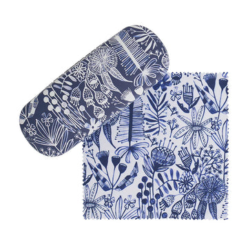 A matching set of a hard shell glasses case and lens cloth in a navy and white floral pattern.