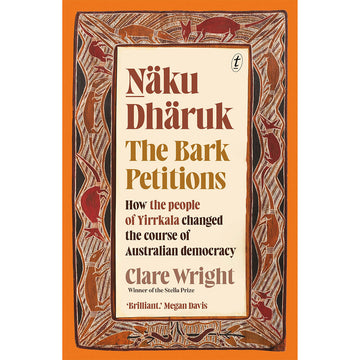 'Naku Dharuk The Bark Petitions' book cover featuring an illustrated border of animals in brown with the title in the middle.