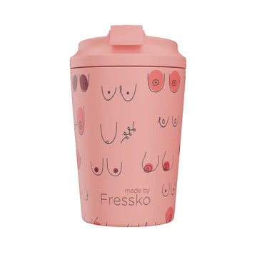 A ceramic reusable coffee mug in pink illustrated with different breasts.