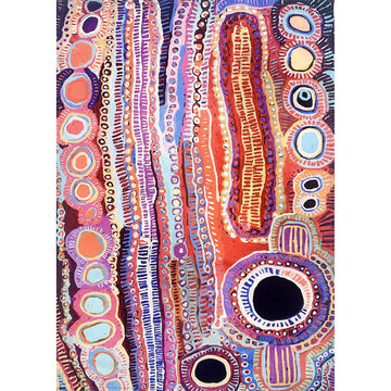 A cotton tea towel printed with artwork by Murdie Morris in pinks and blues.