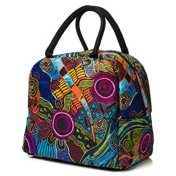 Colorful patterned lunch bag on a white background.