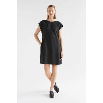 A black linen dress with short sleeves and a short hemline.