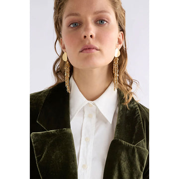 Silver leaf-like earrings on a white background.