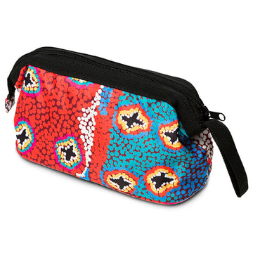 Colorful pouch with abstract pattern on a white background.