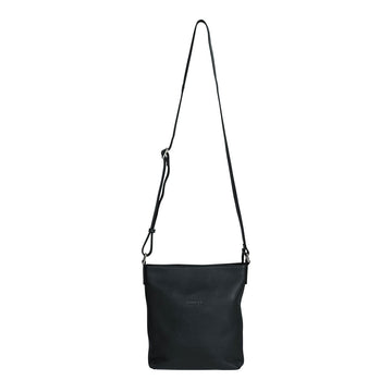 Front view of a square shaped cross body bag in black.