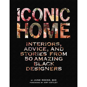 'Iconic Home' book cover featuring a black background with floral artwork over the book title.