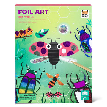 A box titled 'Foil Art Bug World' with illustrations of different bugs including a caterpillar and ladybug.
