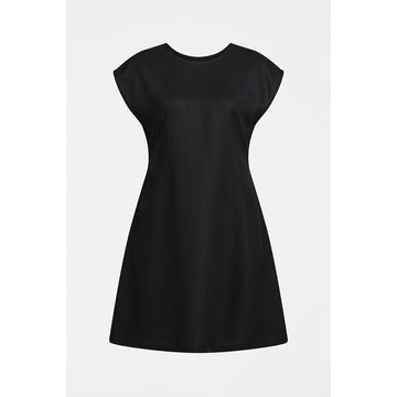A black linen dress with short sleeves and a short hemline.