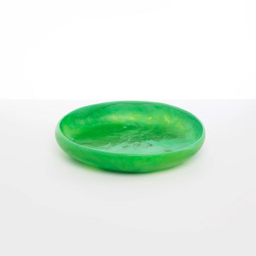 Top down and side view of a green resin shallow bowl.