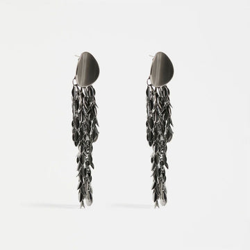 Pair of gunmetal earrings on a white background.