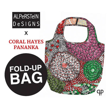 Fold-up bag with colorful design and branding for ALPerSteIN Designs x Coral Hayes Pananka.