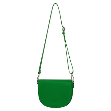 Front view of a saddle shaped green cross body bag.
