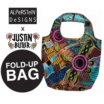 Colorful fold-up bag with abstract patterns and branding for Alperstein Designs and Justin Butler.