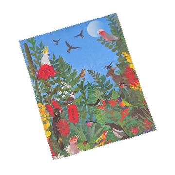 A lens cloth illustrated with Australian birds in plants.