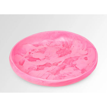 Top down and side view of a pink resin shallow bowl.