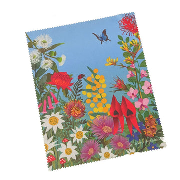 A lens cloth illustrated with different wildflowers.