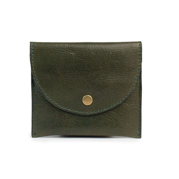 Green leather wallet with a gold button on a white background.