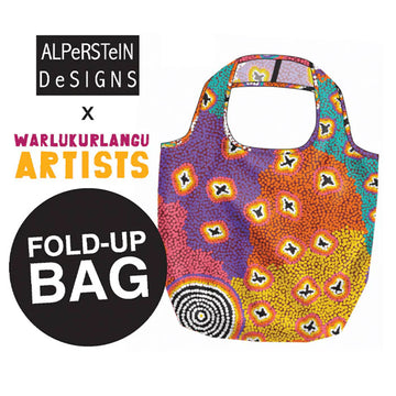 A reusable shopping bag printed with colourful artwork.
