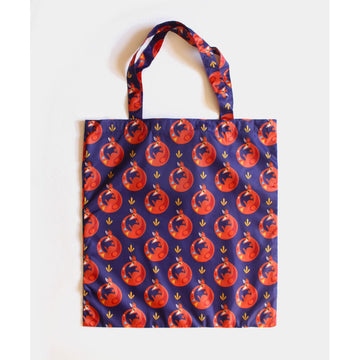 A reusable shopping bag in dark blue illustrated with a repeat pattern of kangaroos.