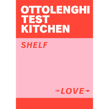 Book cover of 'Ottolenghi Test Kitchen Shelf Love' with red and white text on a red and pink background.
