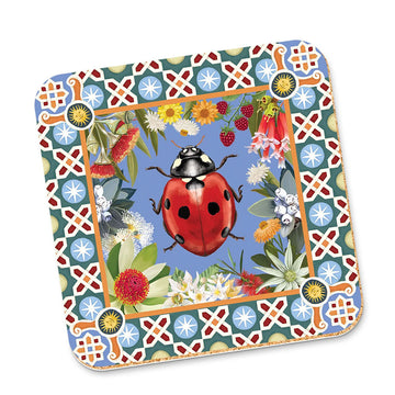 A cork coaster illustrated with a ladybug in the middle with a floral border.