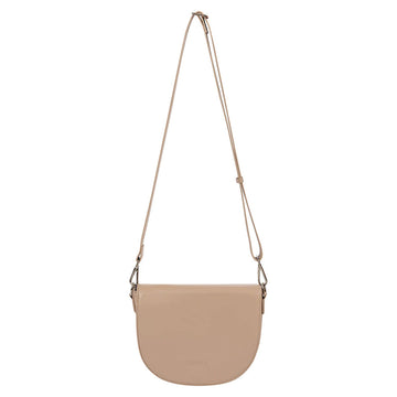 Front view of a saddle shaped light pink cross body bag.