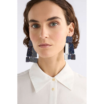 Pair of colorful terrazzo-patterned drop earrings on a white background.