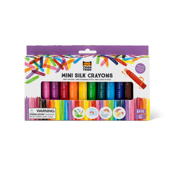 A box titled 'Mini Silk Crayons' with a cut out showing the crayons inside.