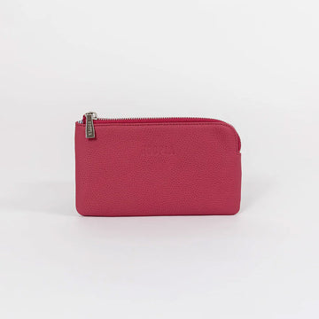 Front view of a phone sized zippered purse in pink.