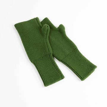 A pair of knitted mittens in green.