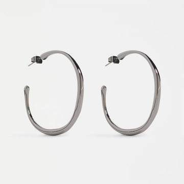Pair of gunmetal hoop earrings on a white background.