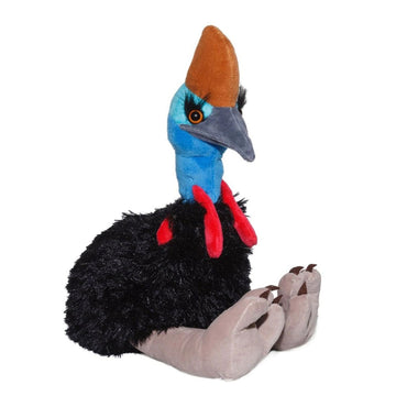 Plush toy of a cassowary on a white background.