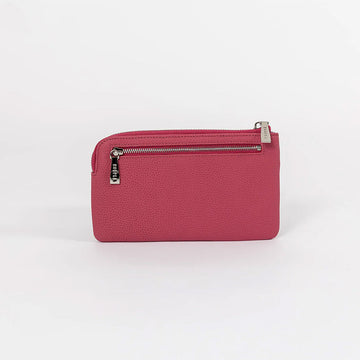 Front view of a phone sized zippered purse in pink.