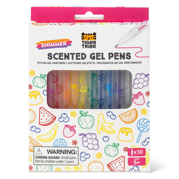 A box titled 'Scented Gel Pens' with a cut out showing the gel pens inside. The box is illustrated with fruits.