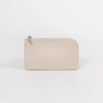 Front view of a phone sized zippered purse in cream.