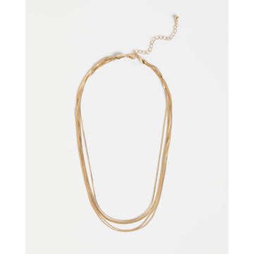 Gold necklace with multiple strands on a white background.