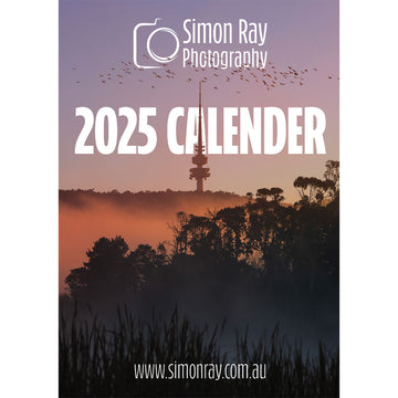 Front cover of a calendar titled 'Simon Ray Photography 2025 Calendar' with a photo of Telstra Tower and trees.