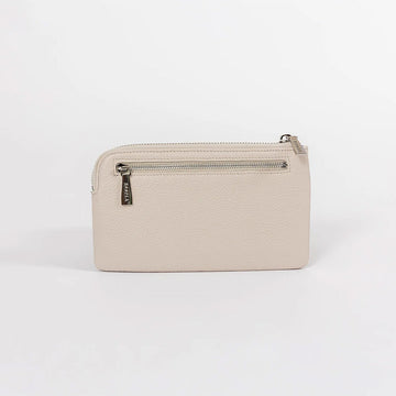 Front view of a phone sized zippered purse in cream.