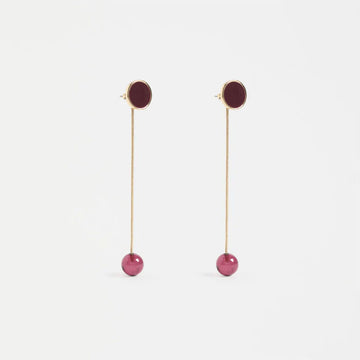 Pair of earrings with pink beads on a white background.
