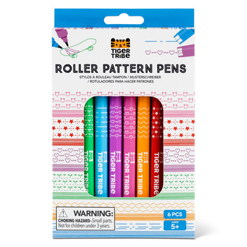 A box titled 'Roller Pattern Pens' with a cut out showing the pens inside. The box is printed with the patterns and lines from the pens.