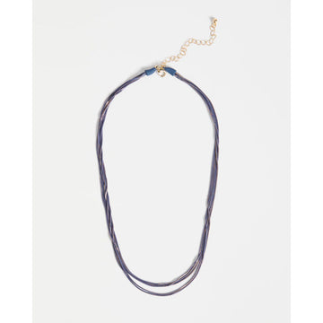 Necklace with multiple blue strands on a white background.