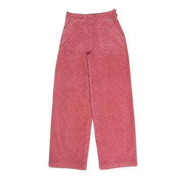 Pink corduroy pants on a white background.